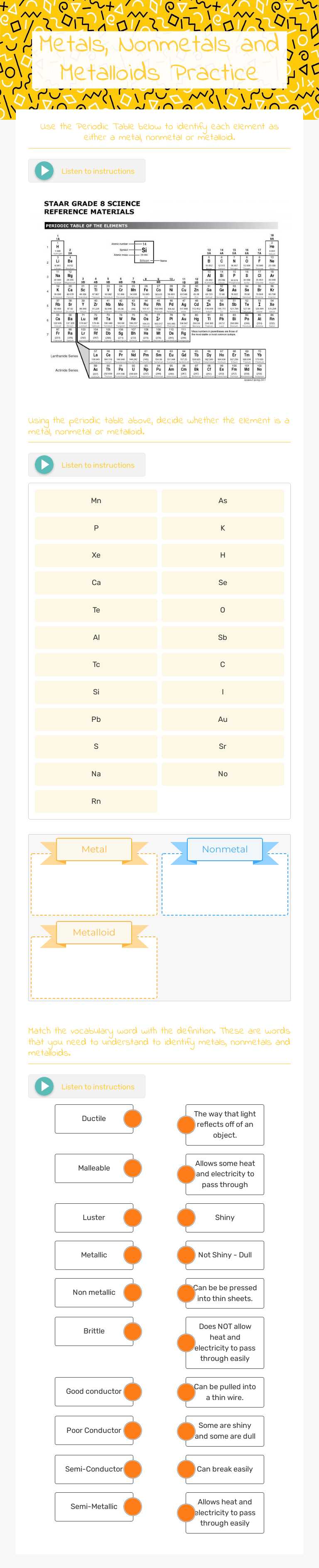 Metals, Nonmetals and Metalloids Practice worksheet preview image