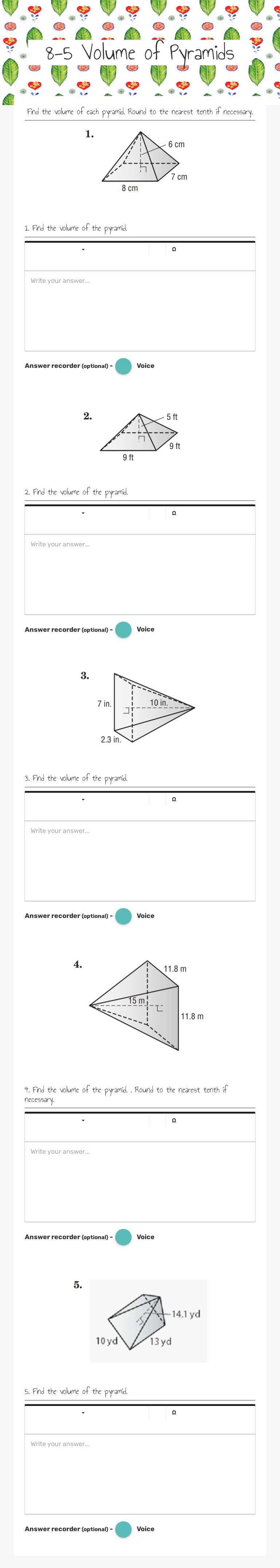 8-5 Volume of Pyramids worksheet preview image