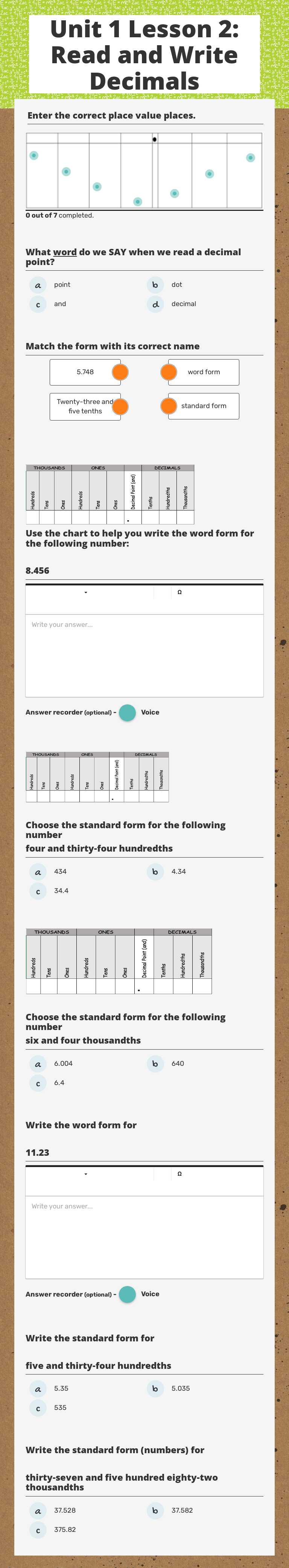 Unit 1 Lesson 2: Read and Write Decimals Grade 5 worksheet preview