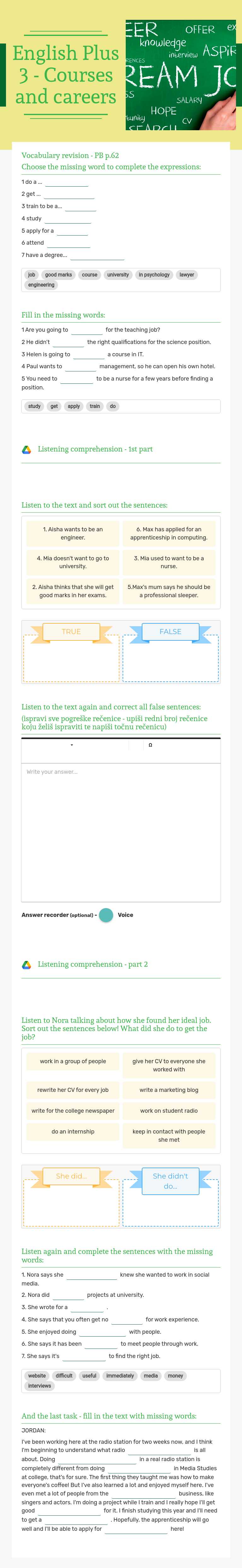 English Plus 3 - Courses and careers worksheet preview image