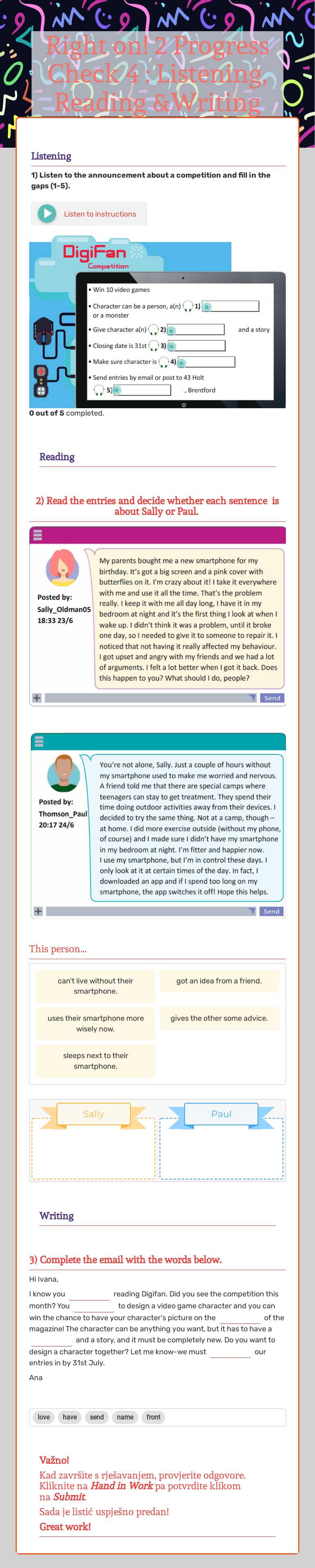 Right on! 2  
Progress Check 4 : Listening, Reading &Writing Grade 6 worksheet preview