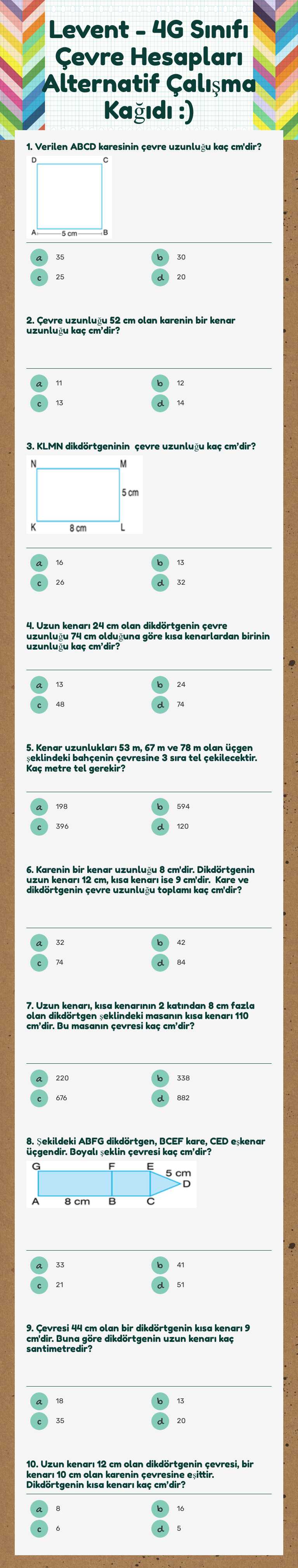 Levent - 4G Sınıfı Çevre Hesapları Alternatif Çalışma Kağıdı :) worksheet preview image