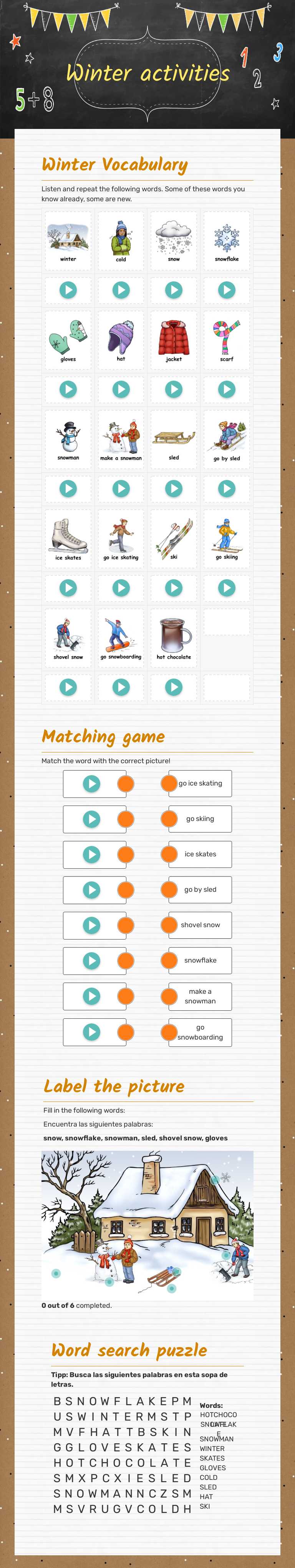 Winter activities worksheet preview image