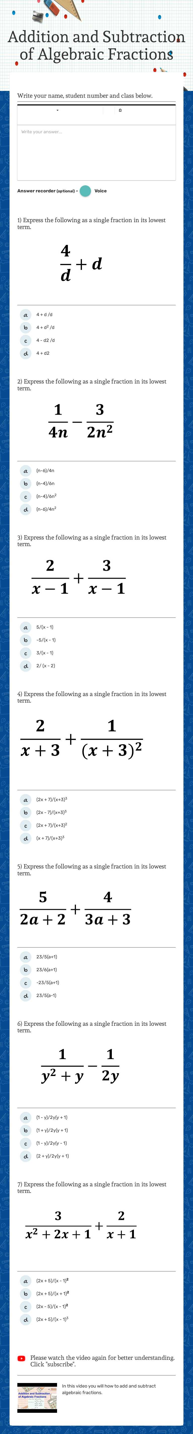 Addition and Subtraction of Algebraic Fractions worksheet preview image