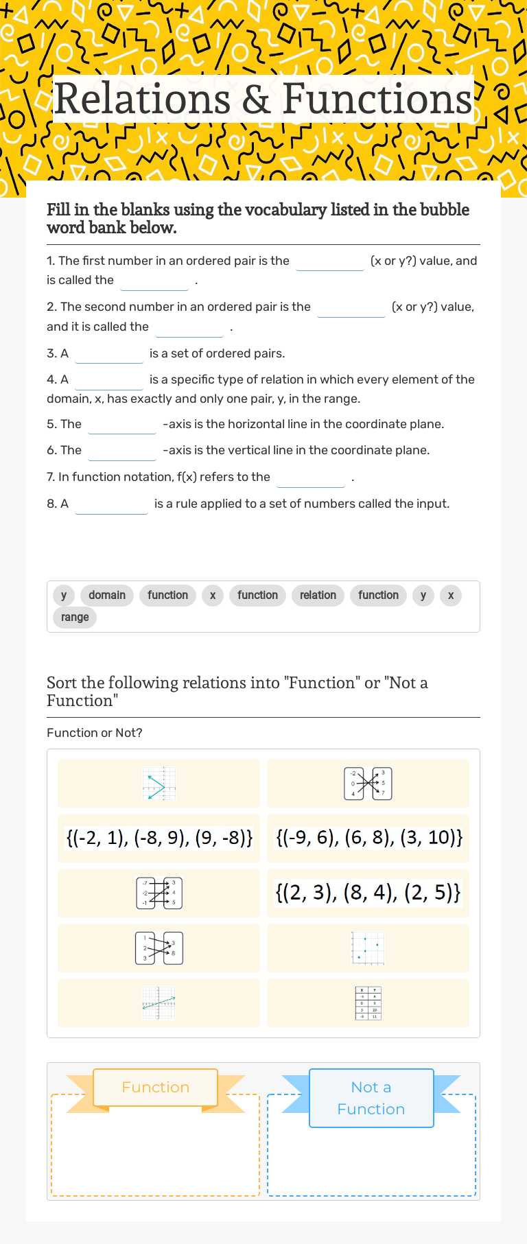 Relations & Functions worksheet preview image