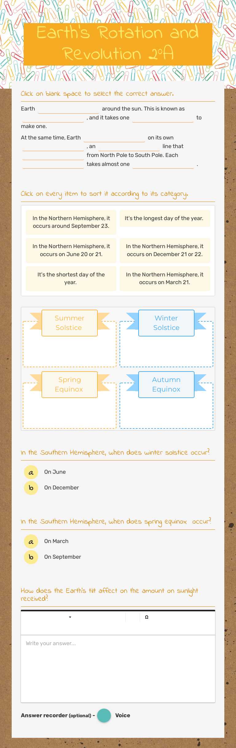 Earth's Rotation and Revolution 2°A worksheet preview image