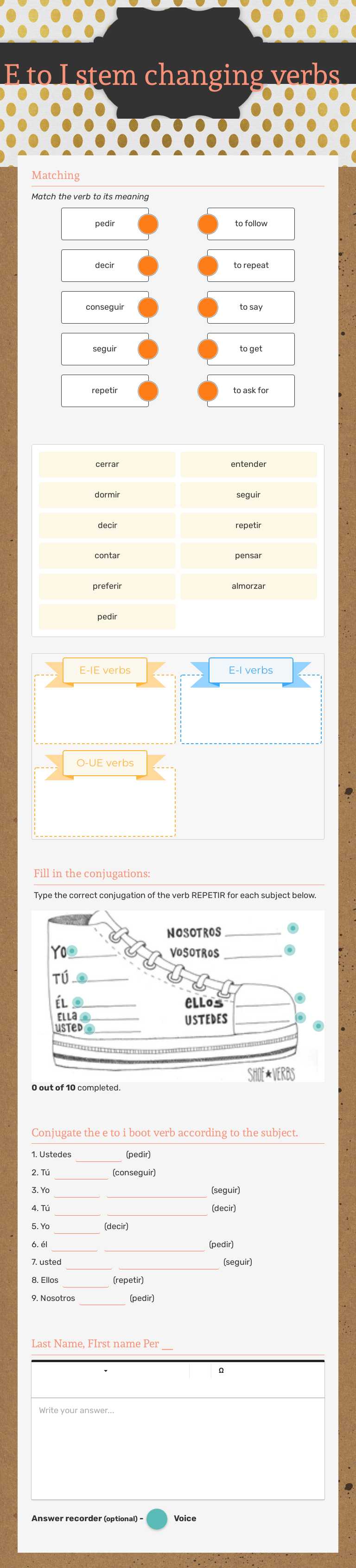 E to I stem changing verbs worksheet preview image