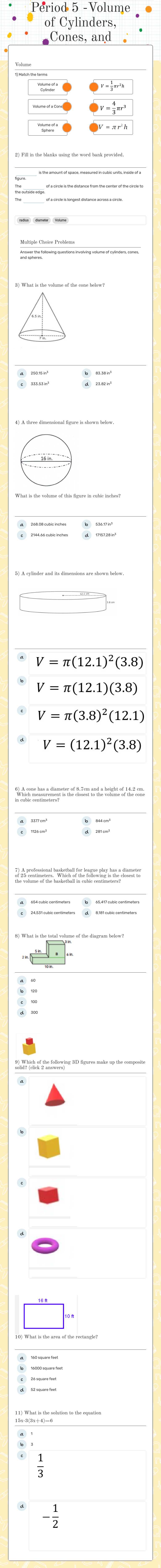 Period 5 -Volume of Cylinders, Cones, and Spheres worksheet preview image