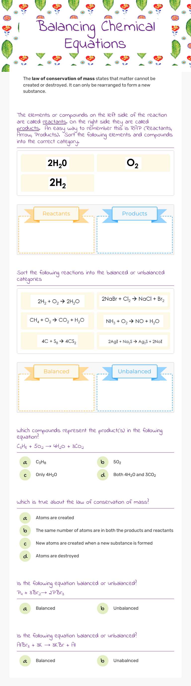 Balancing Chemical Equations Grade 8 worksheet preview