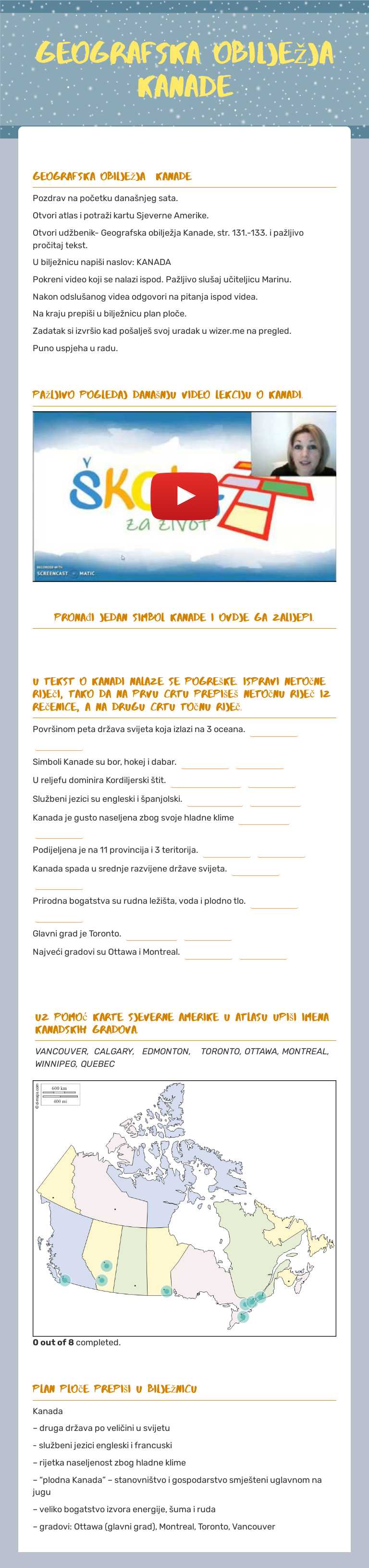 Geografska obilježja Kanade worksheet preview image