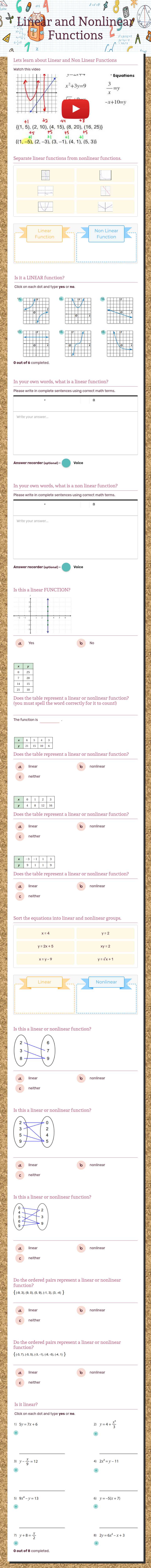 Linear and Nonlinear Functions worksheet preview image
