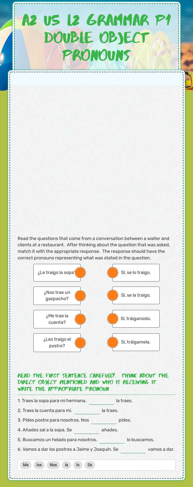 a2 u5 l2 grammar P1 double object pronouns Grade 10 worksheet preview