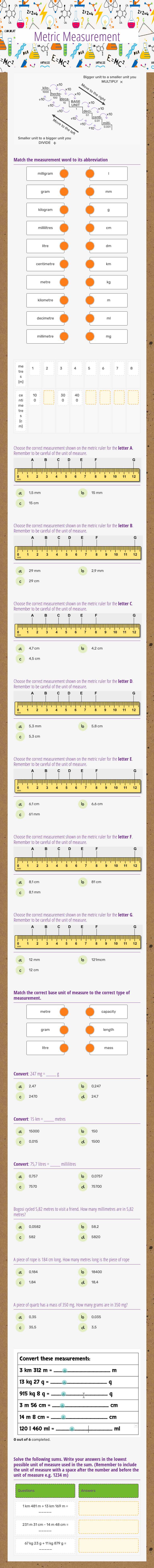 Metric Measurement worksheet preview image