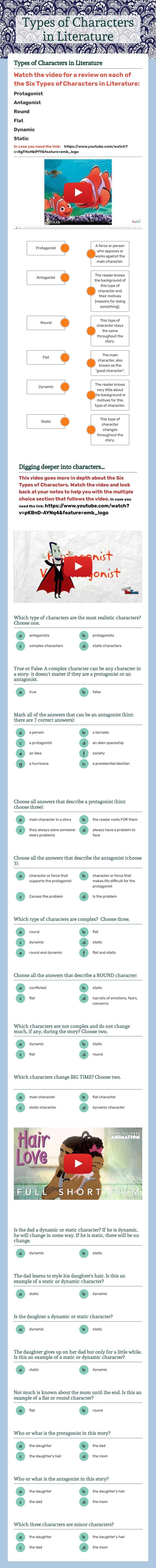 Types of Characters in Literature worksheet preview image