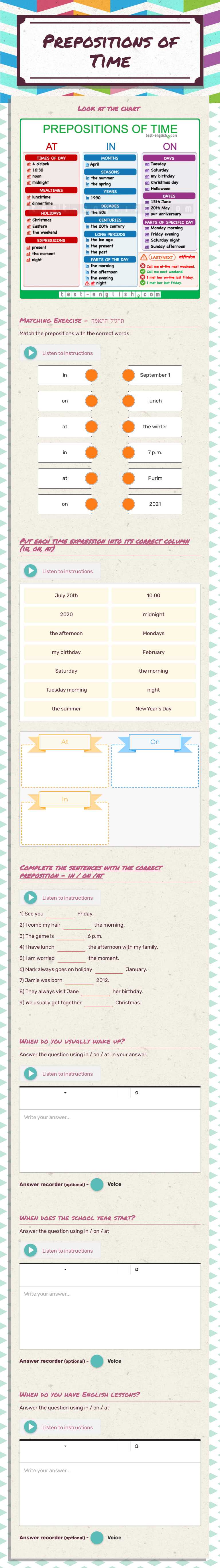 Prepositions of Time Grade 10 worksheet preview