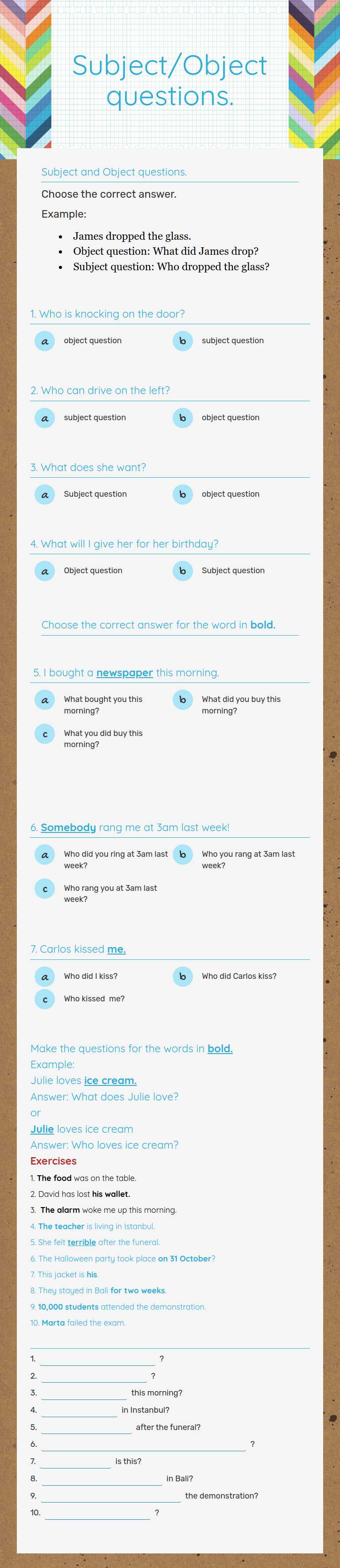 Subject/Object questions. Grade 10 worksheet preview