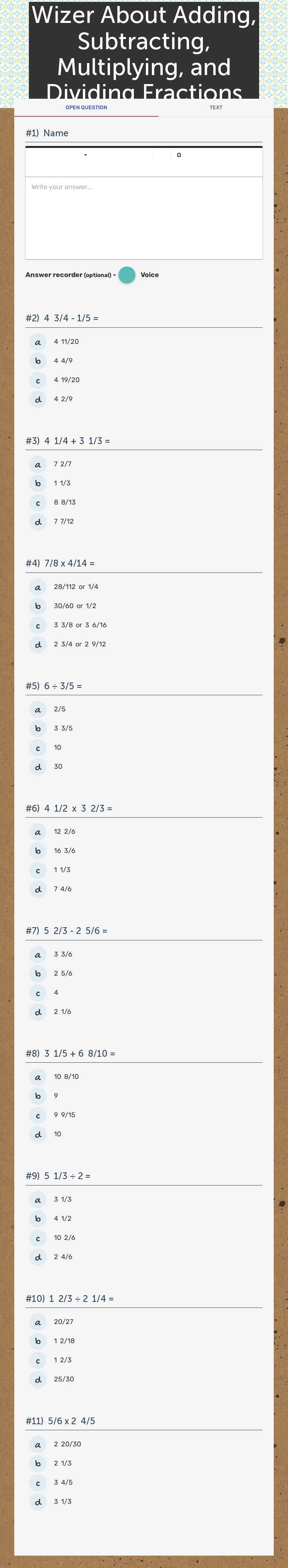 Wizer About Adding, Subtracting, Multiplying, and Dividing Fractions worksheet preview image