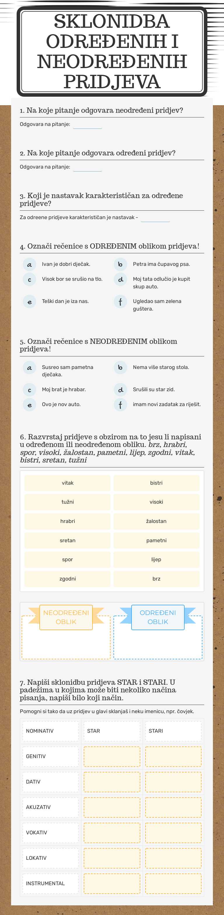 Sklonidba određenih i neodređenih pridjeva Grade 5 worksheet preview