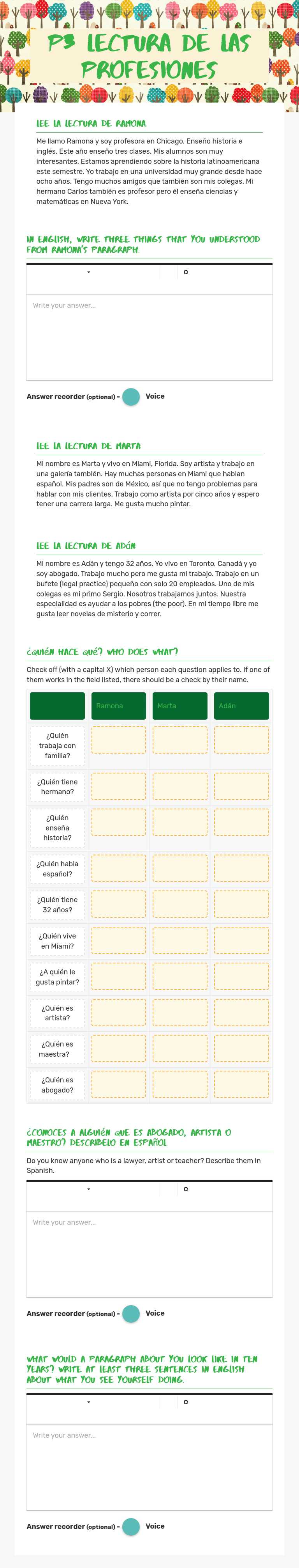 P2 Lectura de las profesiones worksheet preview image