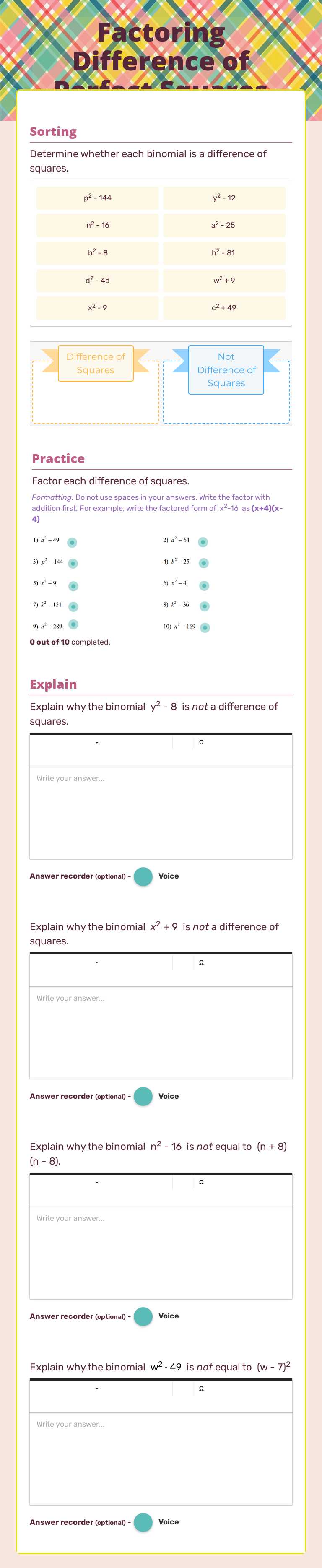 Factoring Difference of Perfect Squares Grade 10 worksheet preview