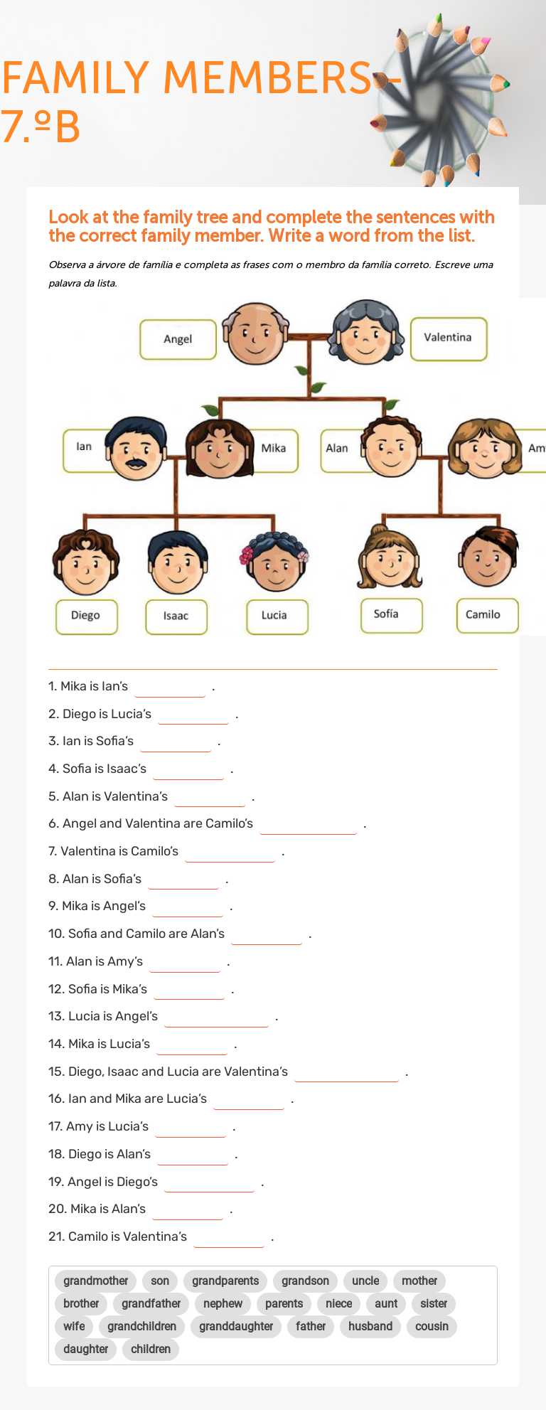 FAMILY MEMBERS - 7.ºB worksheet preview image