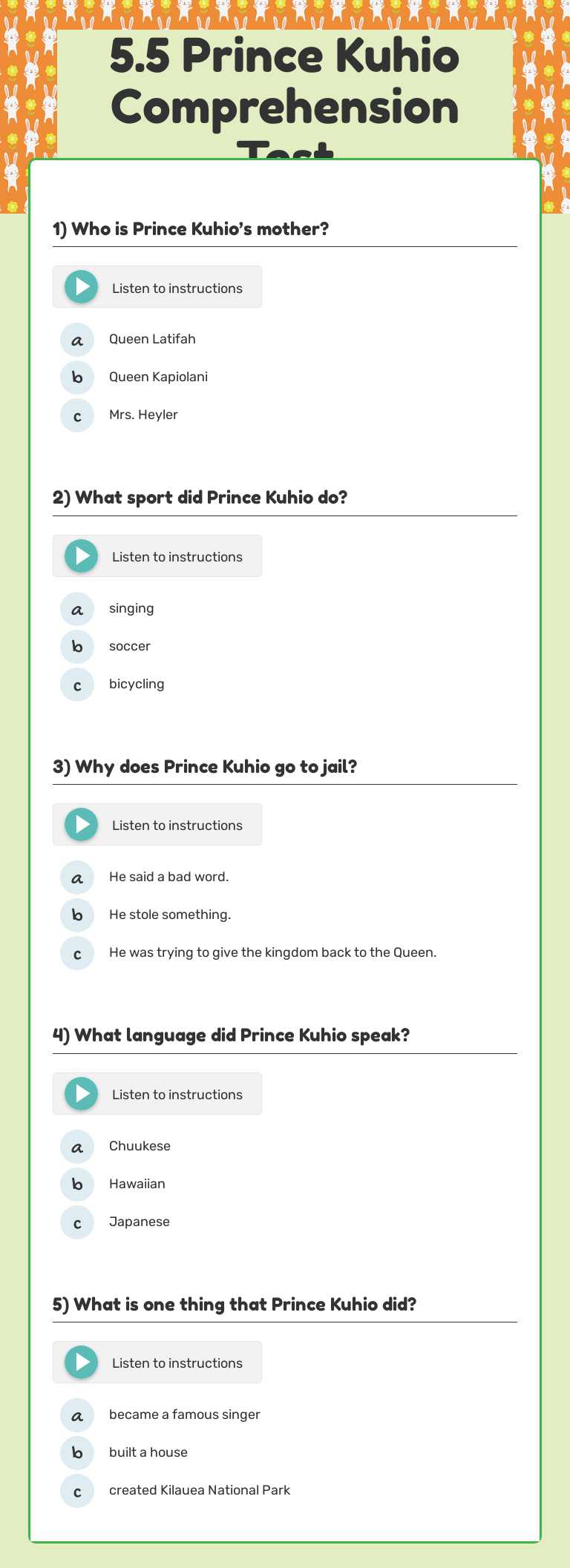 5.5 Prince Kuhio Comprehension Test worksheet preview image