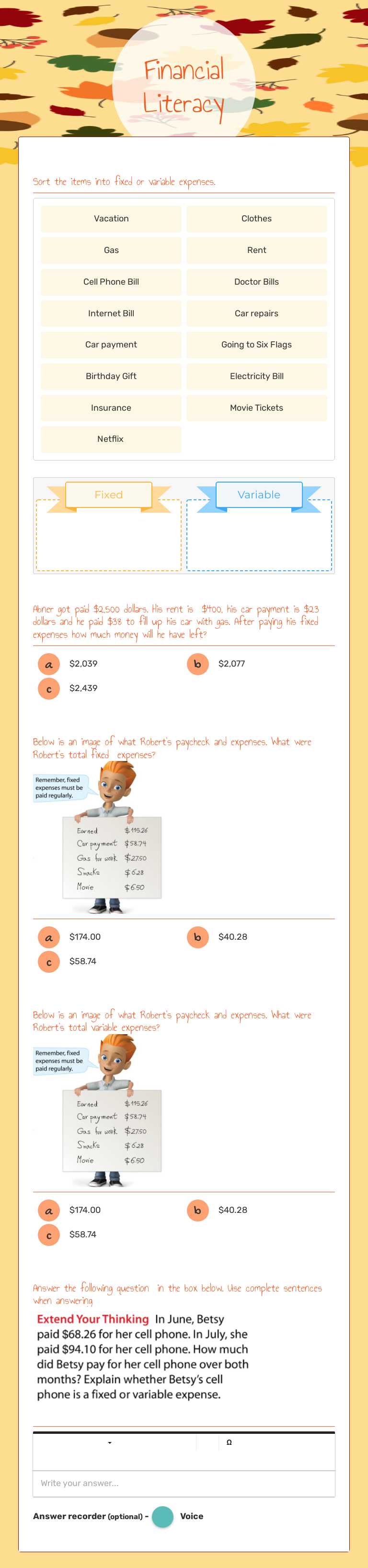 Financial Literacy worksheet preview image