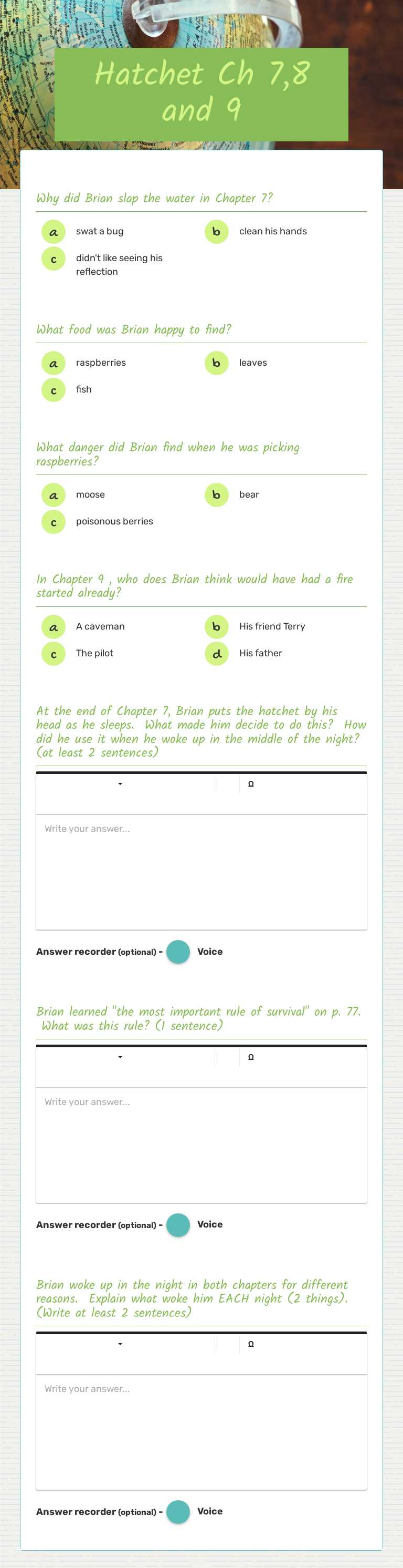 Hatchet Ch 7,8 and 9 worksheet preview image