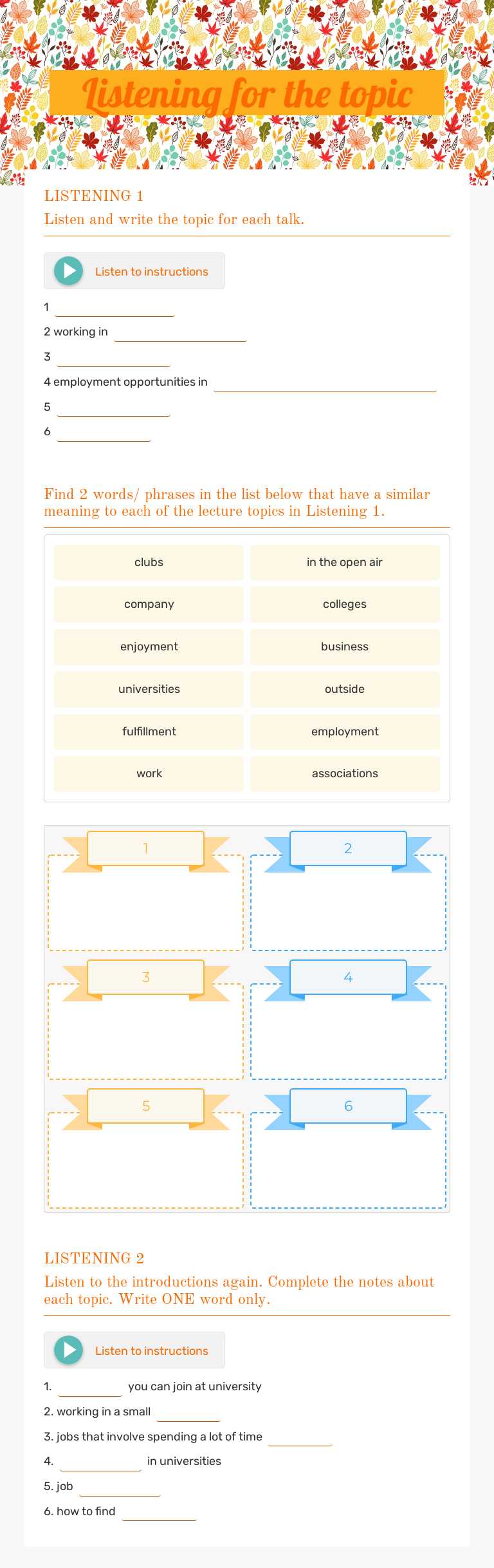 Listening for the topic Grade 6 worksheet preview