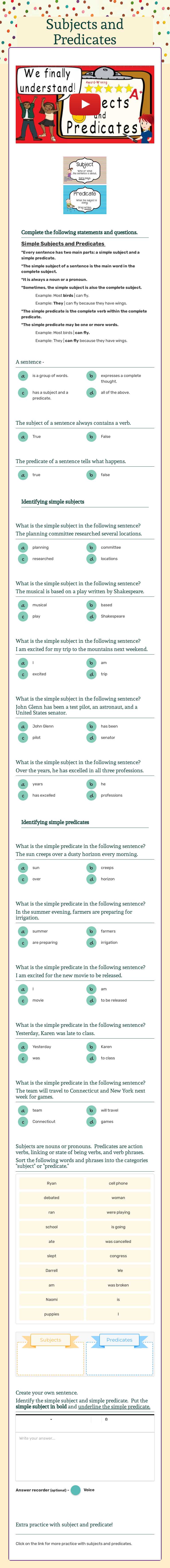 Subjects and Predicates Grade 8 worksheet preview