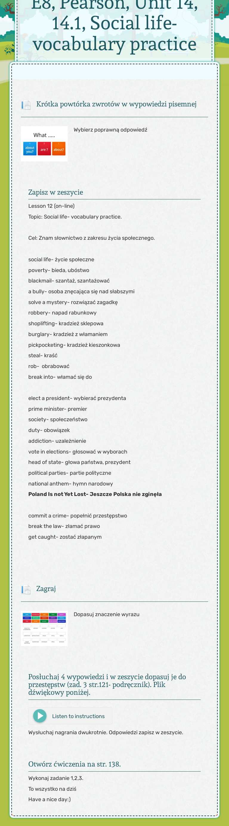 E8, Pearson, Unit 14, 14.1, Social life- vocabulary practice Grade 8 worksheet preview