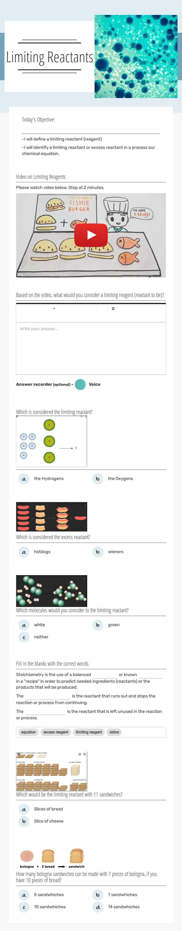 Limiting Reactants worksheet preview image