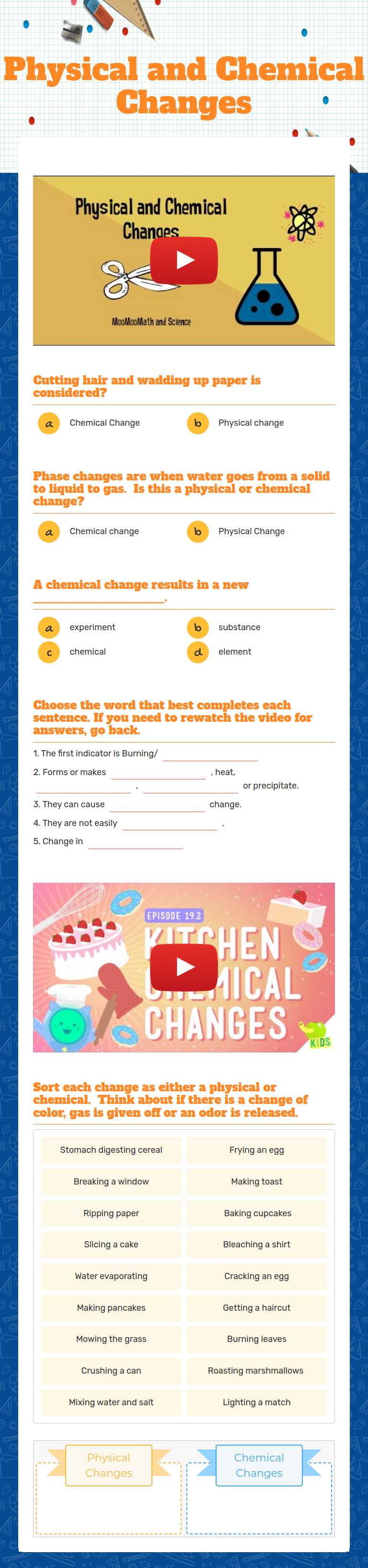 Physical and Chemical Changes worksheet preview image