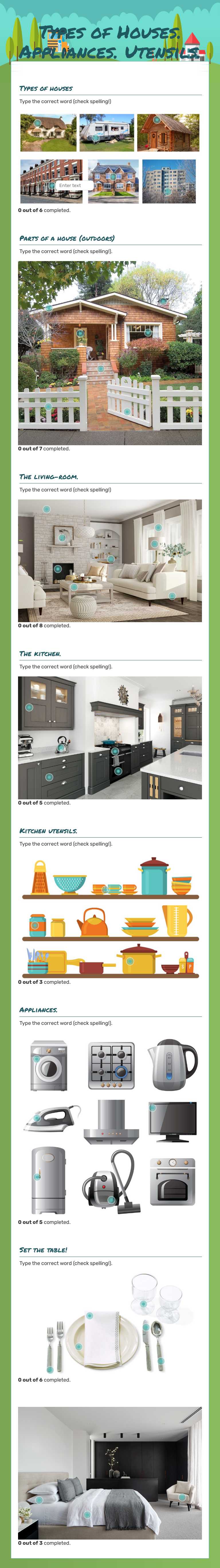 Types of Houses. Appliances. Utensils. worksheet preview image