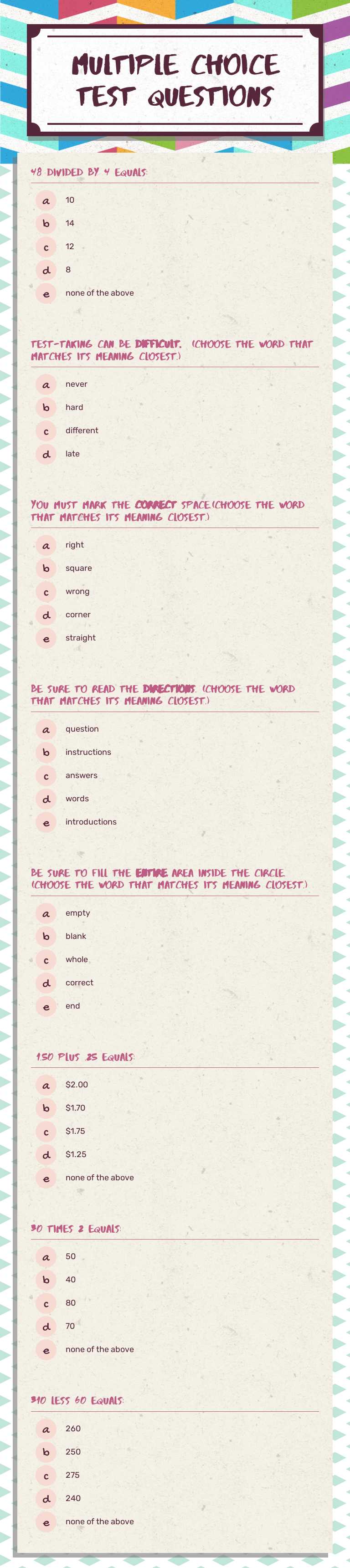 multiple choice test questions Grade 6 worksheet preview