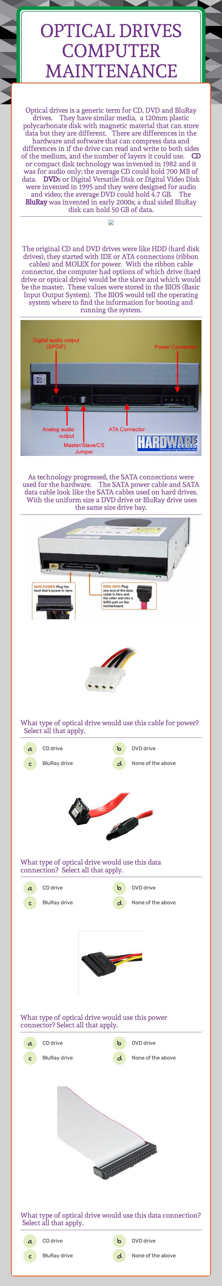 Optical Drives Computer Maintenance worksheet preview image
