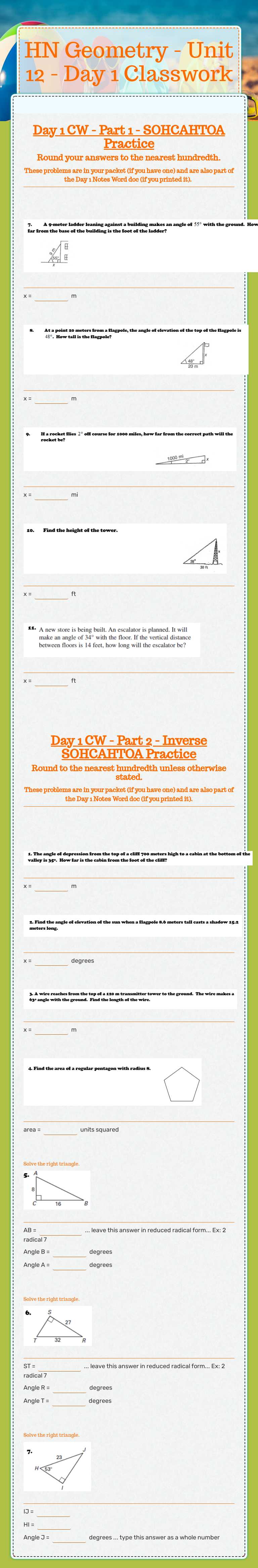 HN Geometry - Unit 12 - Day 1 Classwork worksheet preview