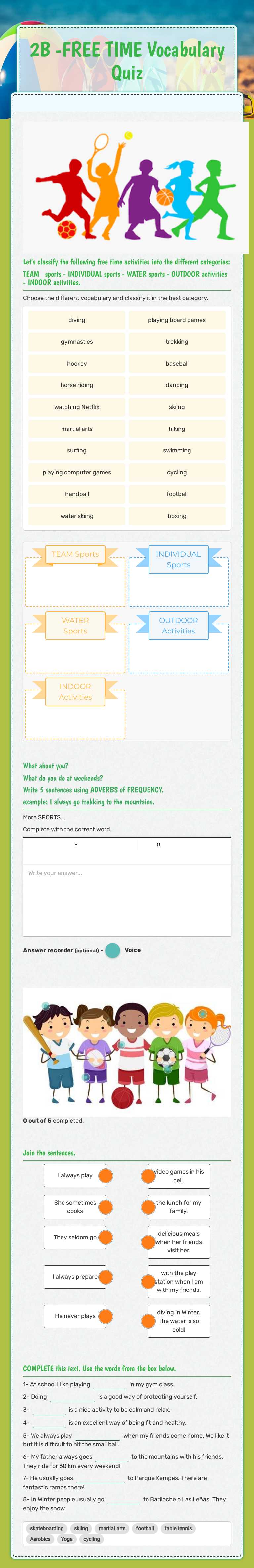 2B -FREE TIME Vocabulary Quiz Grade 2 worksheet preview