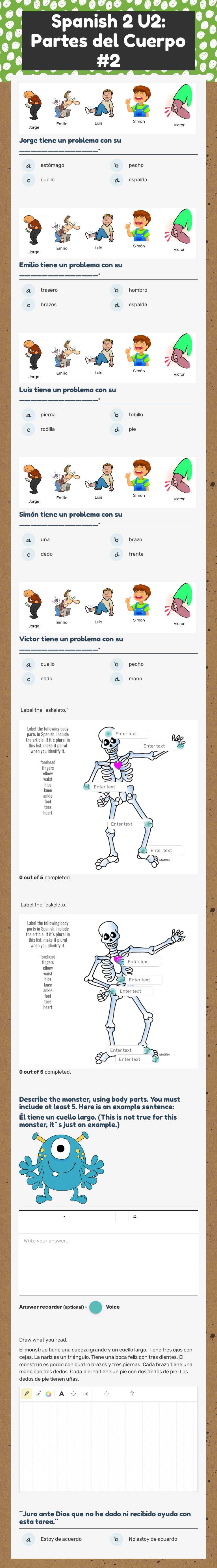 Spanish 2 U2: Partes del Cuerpo #2 worksheet preview image