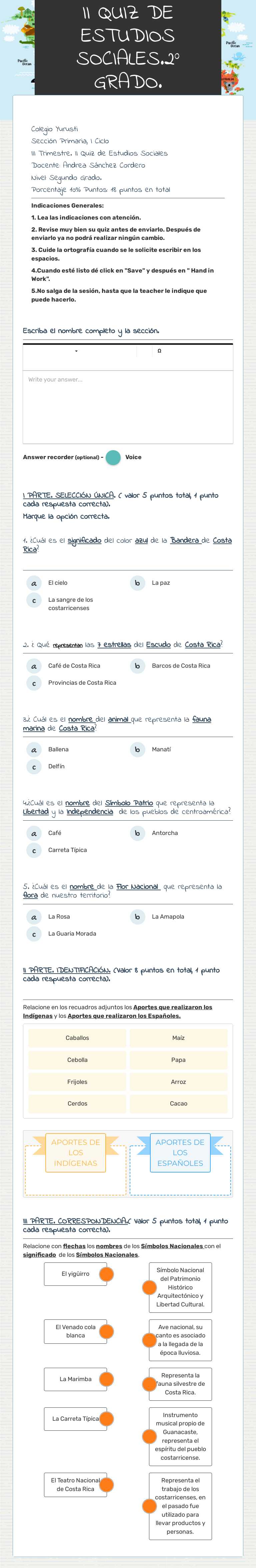 II QUIZ DE ESTUDIOS SOCIALES.2° GRADO. IIITRIMESTRE. Grade 2 worksheet preview