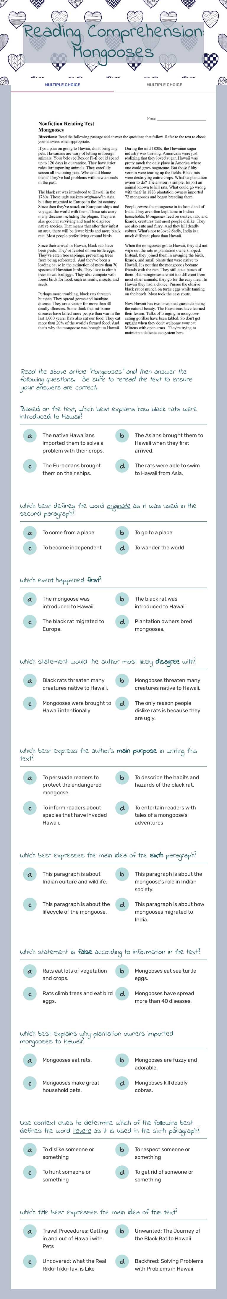 Reading Comprehension: Mongooses worksheet preview image