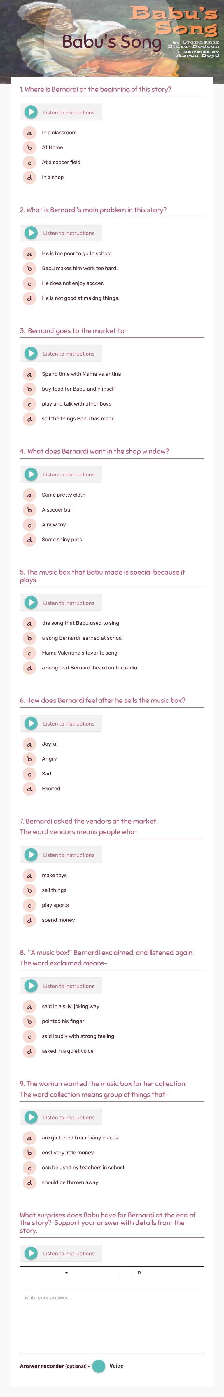 Babu's Song worksheet preview image