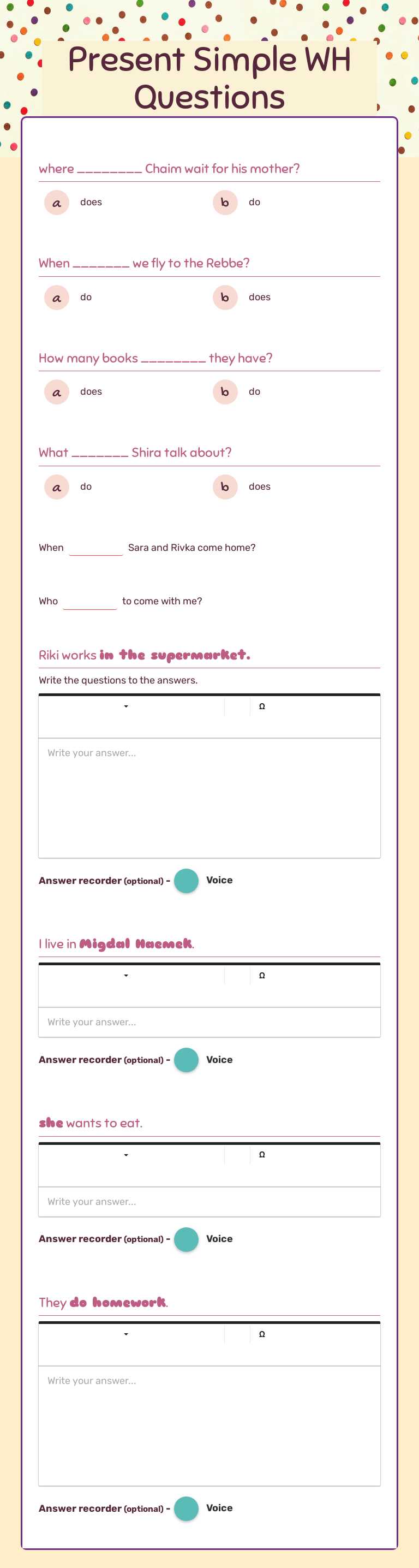 Present Simple WH Questions by עדי נגר | Interactive Worksheet | Wizer.me
