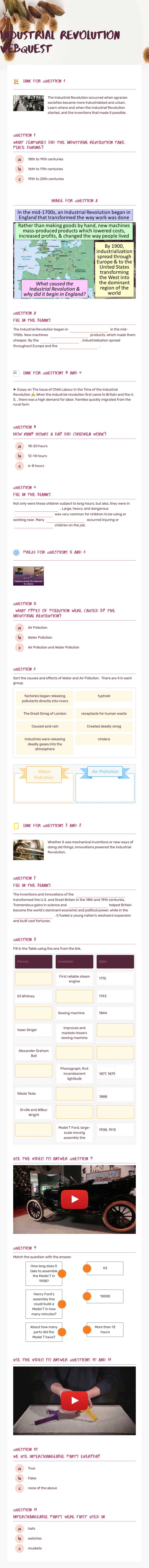 Industrial revolution webquest worksheet preview image