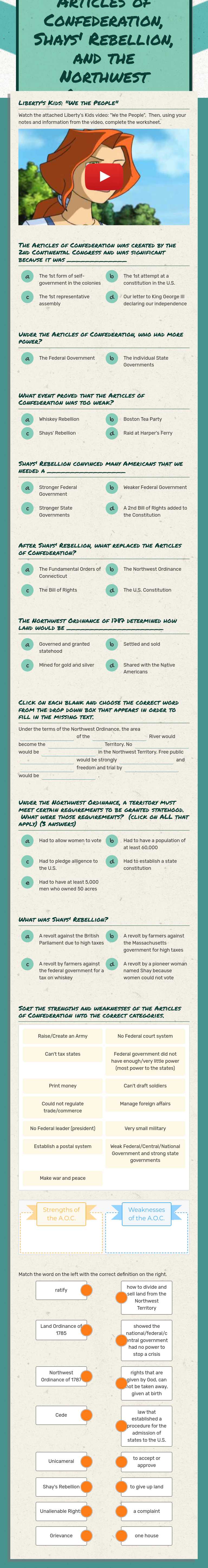 Articles of Confederation, Shays' Rebellion, and the Northwest Ordinance worksheet preview image