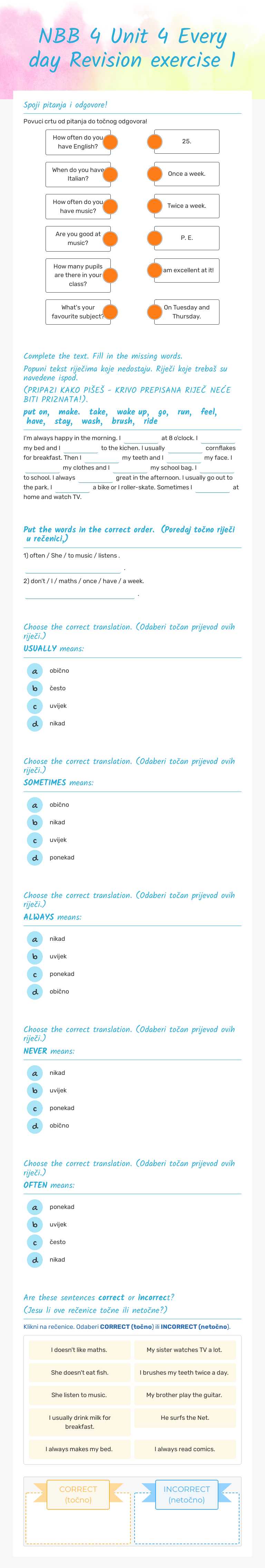 NBB 4  Unit 4 Every day     Revision exercise 1 worksheet preview image