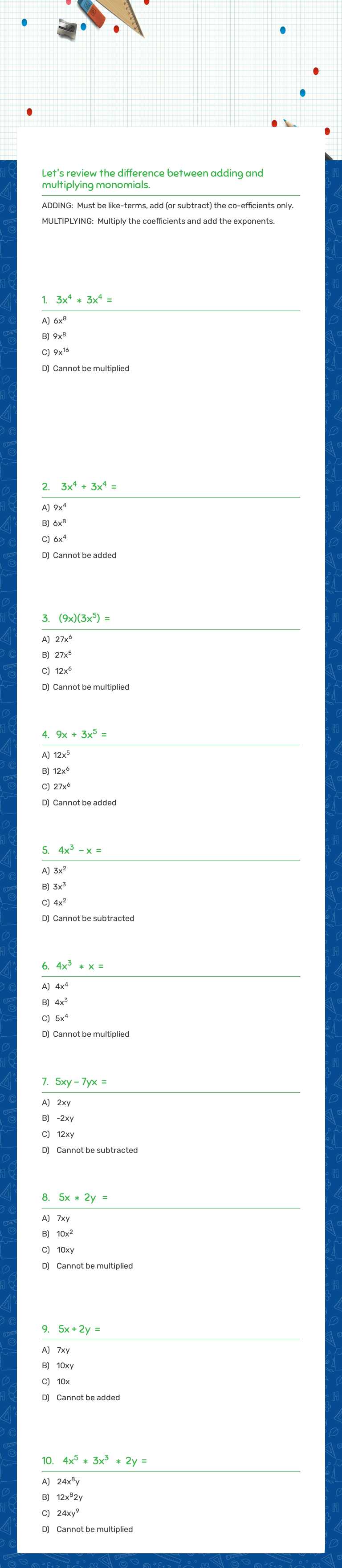 Review rules for Combining like-terms and multiplying monomials worksheet preview image