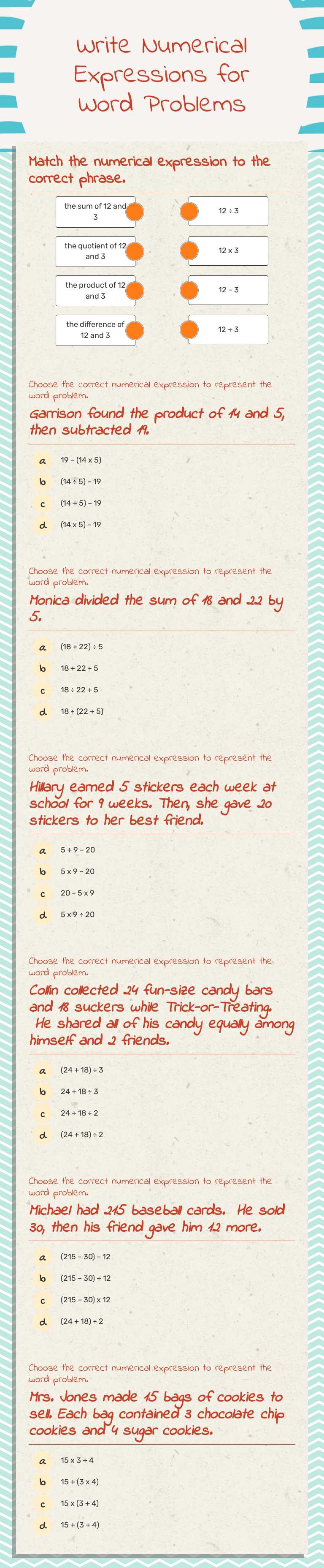 Write Numerical Expressions for Word Problems worksheet preview image