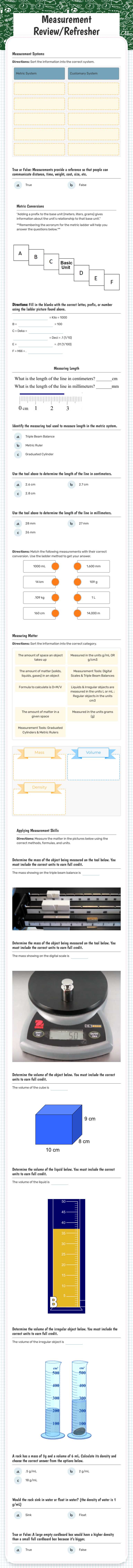 Measurement Review/Refresher worksheet preview image