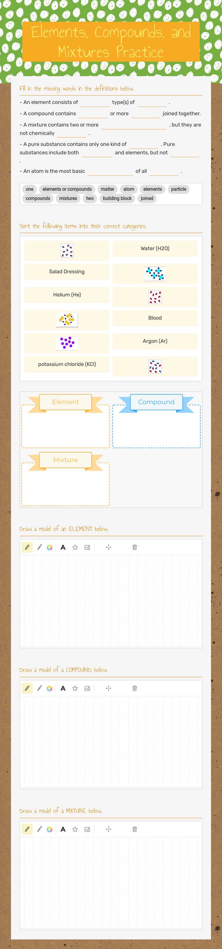 Elements, Compounds, and Mixtures Practice worksheet preview image